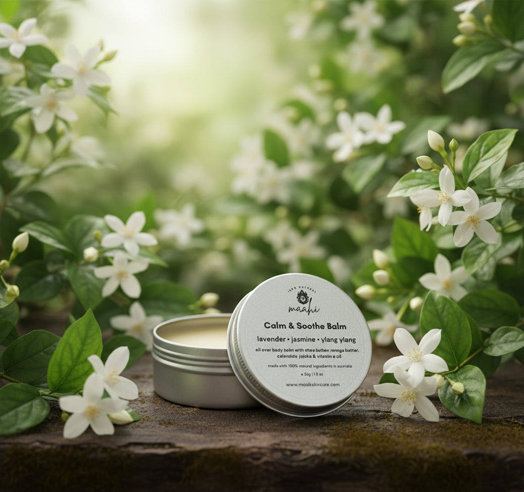 Calm & Soothe Balm container on a wooden surface