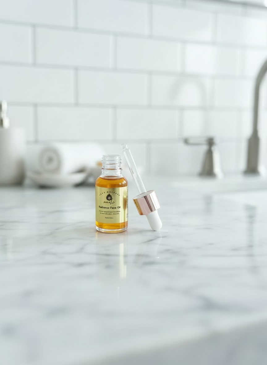Skincare serum bottle with dropper on a marble countertop